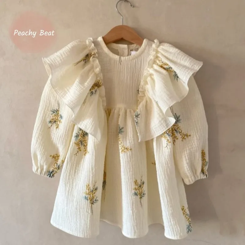 

Хлопковое платье принцессы с цветочным принтом для маленьких девочек, винтажное платье с рюшами и длинными рукавами, летняя весенне-осенняя одежда для малышей, От 1 до 10 лет