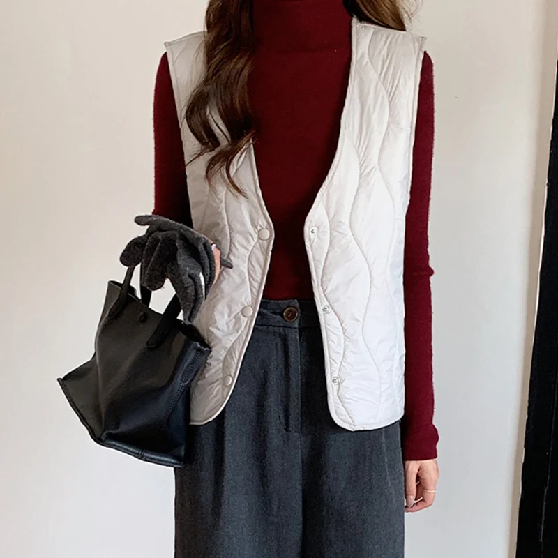 2025 가을 겨울 솔리드 컬러 V넥 파카 베스트 패션 싱글 브레스티드 슬리브리스 웨이스트코트 심플 따뜻한 출퇴근 재킷 여성