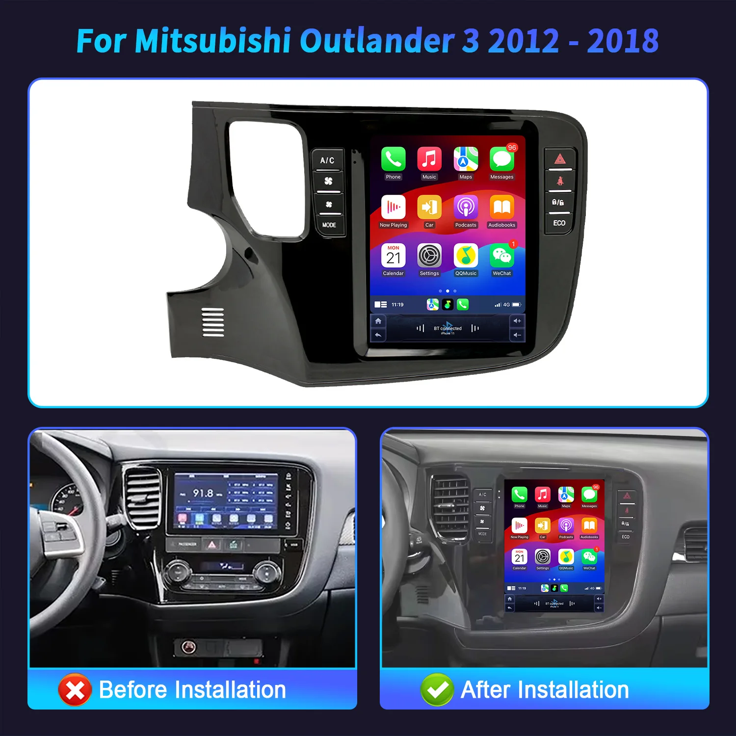 9.7inch For Mitsubishi Outlander 3 2012-2018 Car Radio Multimedia Wireless Carplay Android  Navigation 4G GPS Screen Stereo 4G