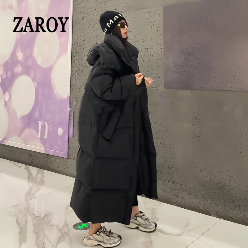 سترة شتوية طويلة للنساء من ZAROY بغطاء للرأس مقاومة للرياح معطف دافئ سميك للأسفل ملابس خارجية للثلج سترات للتزلج Дلينندي كردوك