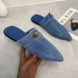 Pantofole in Denim donna muli piatti scarpe moda Casual Slide infradito donna blu Designer sandalo punta a punta Classic Jean Mules