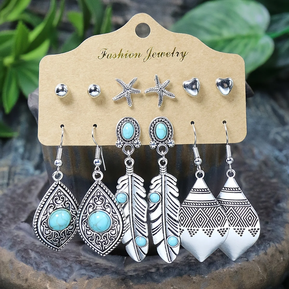 54 Pairs Of Boho Ethnic Style Earrings Ear Stud Combination Set Silver Color Geometric Turquoise Inlaid Party Decor Gifts