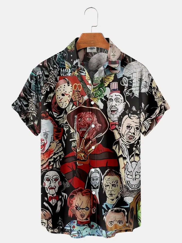 2023 Summer New Men\'s Shirt 3D Printed Horror Pattern Hawaiian Fashion Designer Men\'s Horror Shirts Movie Print 3XL Tops