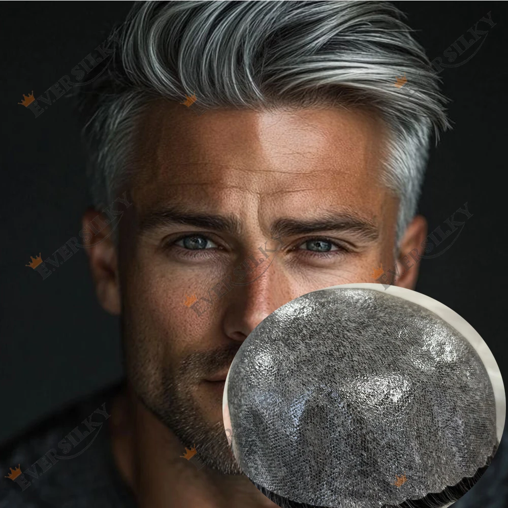 

1B40 Система седых волос для старика, естественная линия волос, супер прочный, тонкий, мужской, коричневый, мужской парик, незаметный, европейский парик из человеческих волос