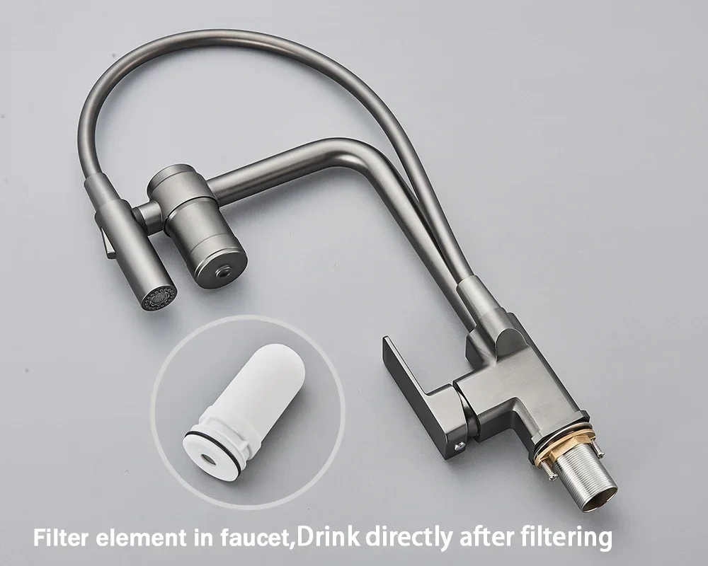 

Кухонный смеситель Gun Grey с фильтром для воды, черный, выдвижной, 2-в-1, с распылителем, латунный, для питьевой воды, поворотный на 360°, с функцией очистки