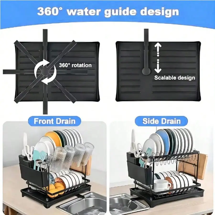 رف تجفيف الأطباق من طبقتين مع لوح تصريف، منظم رف الأطباق المعدني بالوعة والكونترتوب، مصارف الأطباق لطاولة المطبخ،