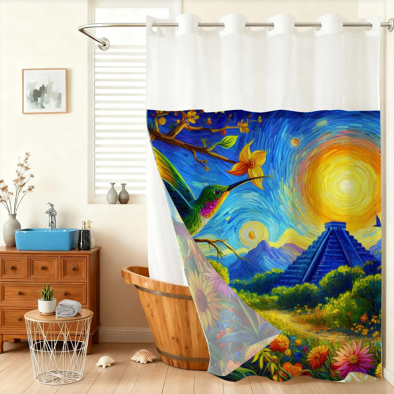 

No Hook Sunflower pattern Shower Curtain With Snap-in Fabric Liner, Sheer Top Window, Waterproof Double Layer Bathtub curtain