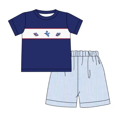 Hand Smock Baby One Piece Cotton Short Sleeved T-shirt Set Airship Pattern Boy Top Clothes And Lattice Shorts Suit Girl Romper