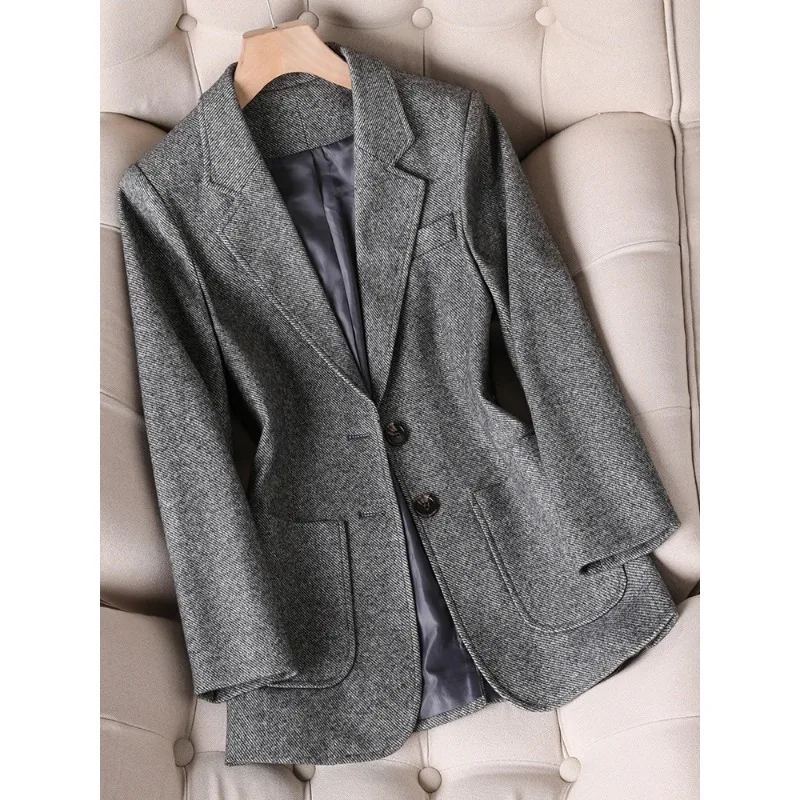 Traje de espiga para mujer, Blazer de una hilera de botones, manga larga, ropa de trabajo gris y café, chaqueta Formal, abrigo para Otoño e Invierno