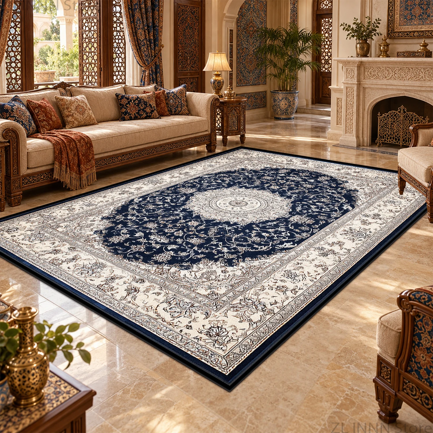 Vintage Floral Border Persian Large Rug Blue Oriental Living Room Carpet Non-Slip Washable Soft Floor Mat for Room Home Decor