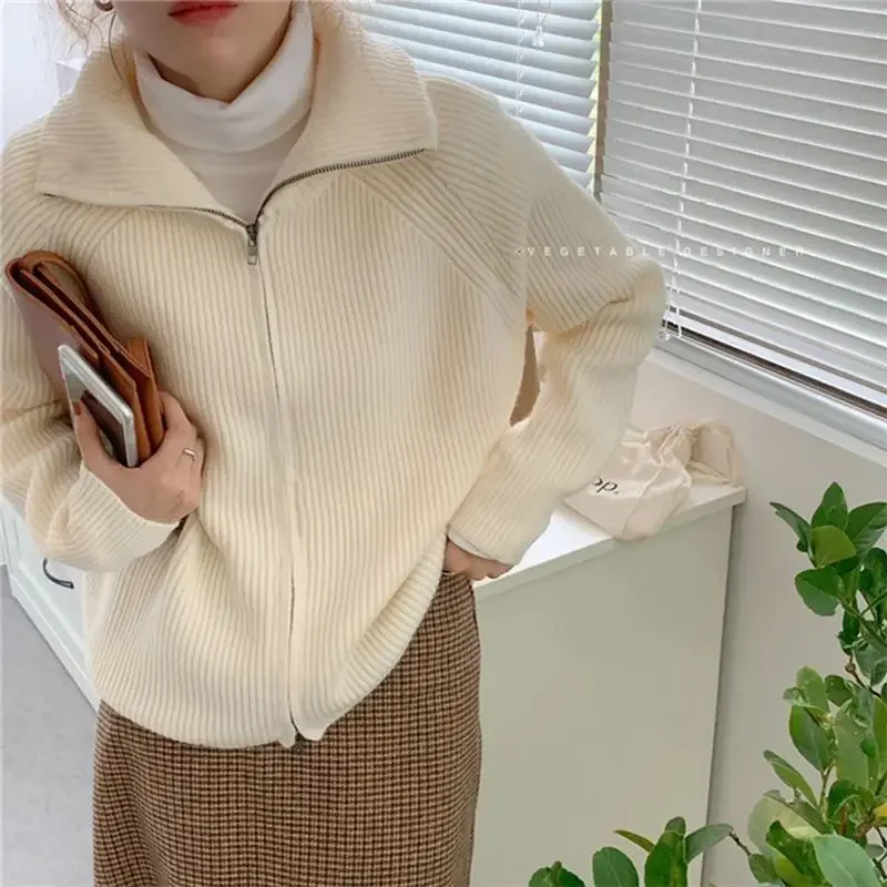 Zipper Cardigan for Women's Sweater Y2k Autumn Winter Knitted Top Blouse Button Up Collar Warm Thicken Women Jacket Elegant Coat