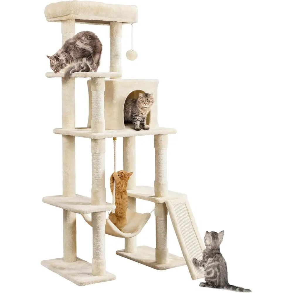

Sturdy Multi-Level Cat Tree for Large Felines with Scratching Posts, Hammock, and Top Perch - Beige