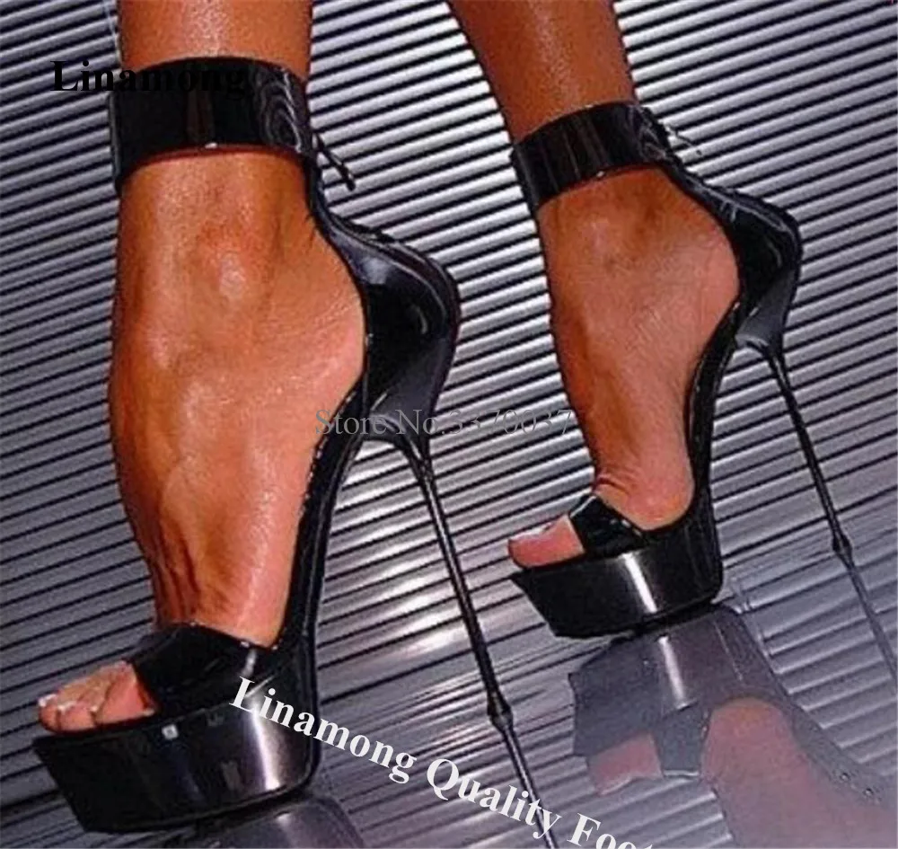 

Linamong Shining Black Patent Leather Metal Stiletto Heel Sandals Open Toe Ankle Wrap High Platform Thin Heel Club Heels