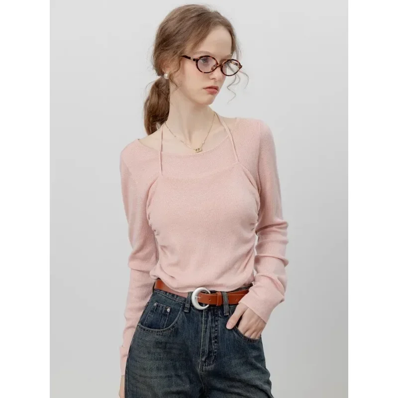 EGGKA Autumn Sweet Solid T-shirts Female Halterneck Elegant Long-sleeve Tops Korean Fashion Patchwork Two-piece T-shirt 2024 New