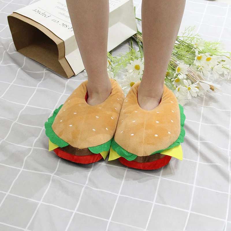 Hot Selling Creative Trendy One Size Fits 28cm All Burger Plush Cotton Shoes Slippers Couple Home Warm Cotton Tower Slippers Men