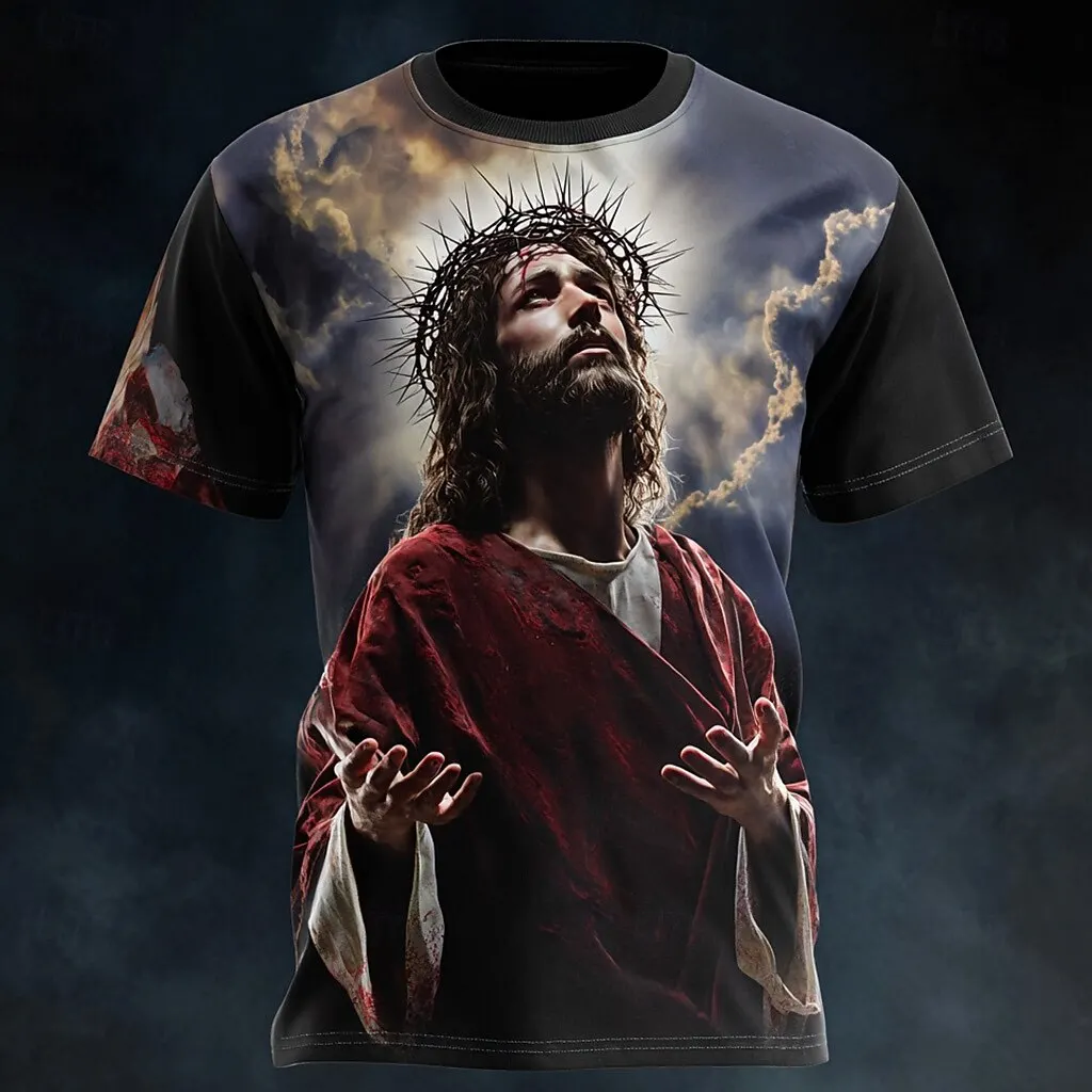 Men's Jesus Christ Religious Art T-Shirt Crown of Thorns Print Crew Neck Casual Daily Church Spiritual Tee for Spring & Summer