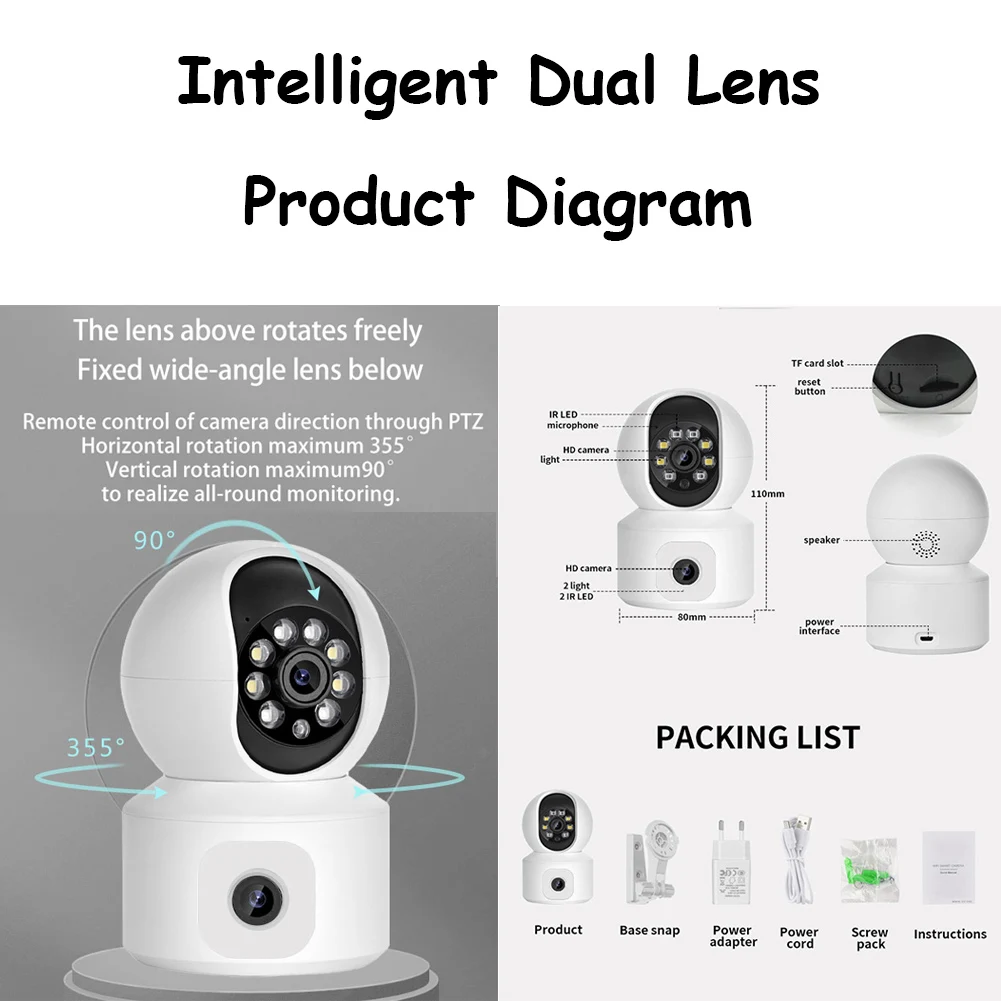 2*2MP Intelligent Dual-lens PTZ Camera APP Remote Control Support Human Tracking Two-way Speech Child Pet Monitor Home Security