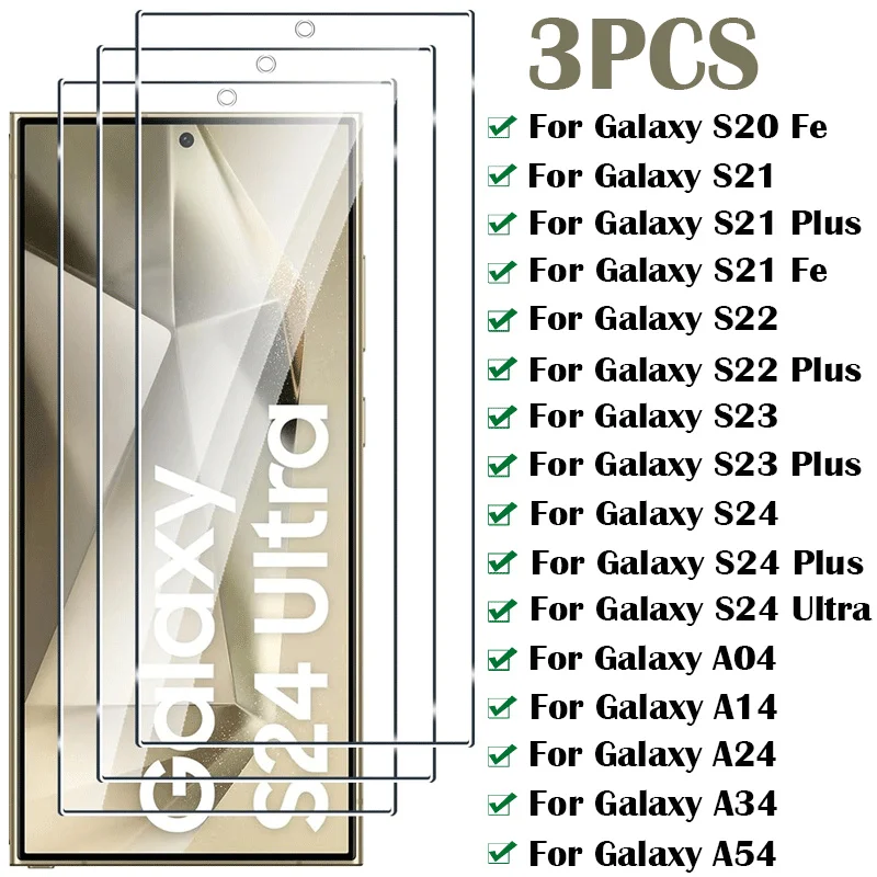 3Pcs Full Screen Protectors For Samsung Galaxy S24 Ultra S23 S22 S21 Plus S20 Fe A54 A14 A34 A24 A04 A13 A33 A53 Tempered Glass