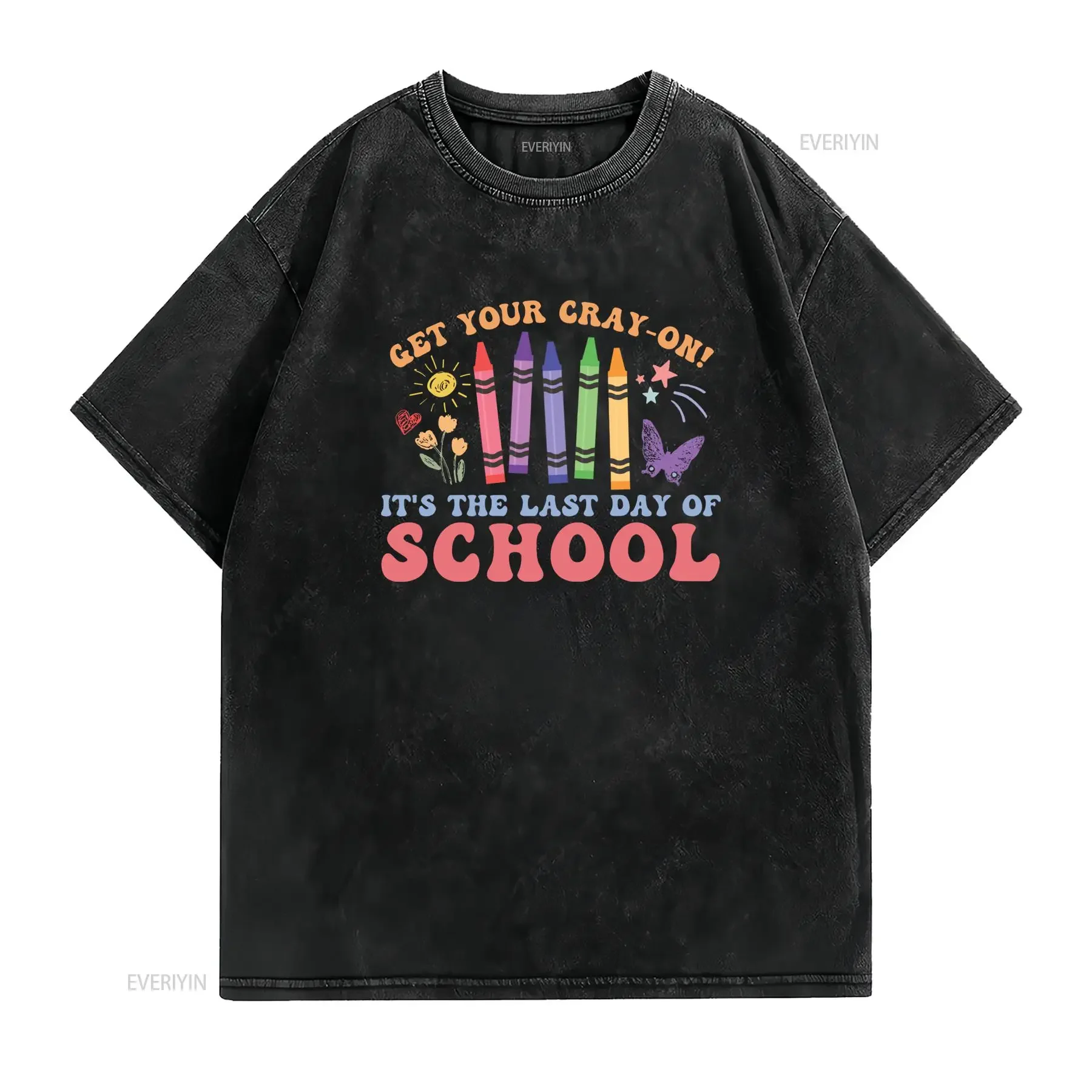 Retro Cartoon Last Day Of School Crayon Funny Slogan Print Casual T Shirt vintage Washed Stretched Unisex graphic Breathable