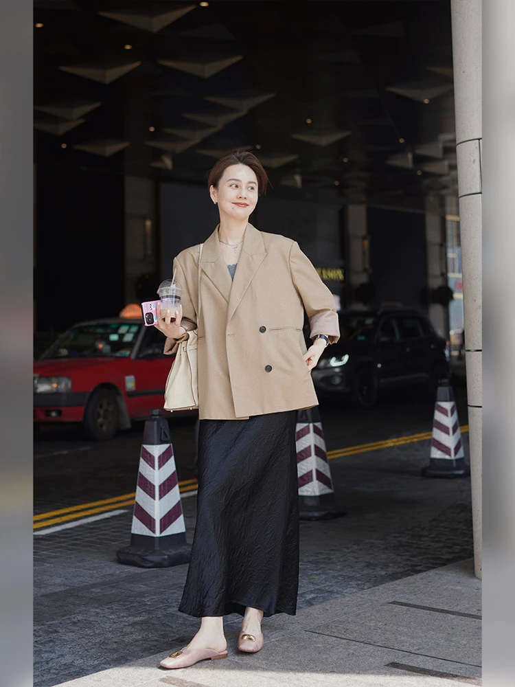WinnieTang Minimalist Wool Acetate Tailored Suit Jacket Early Spring Design Commute Style Single Button Long Sleeve Straight Cut