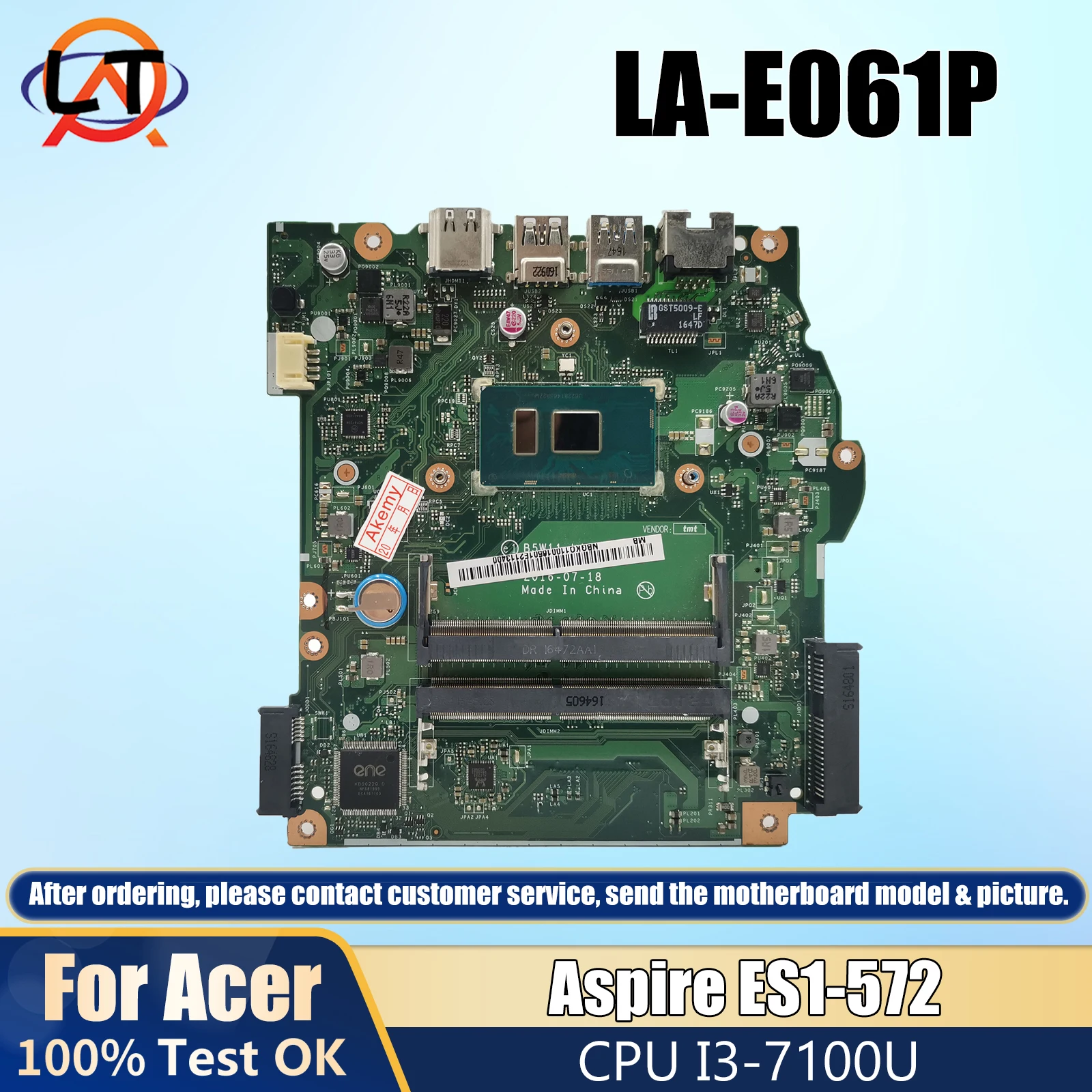 

LA-E061P For Acer Aspire ES1-572 Series Motherboard With i3-7100U CPU NBGKQ11001 LA-E061P 100% Fully Tested