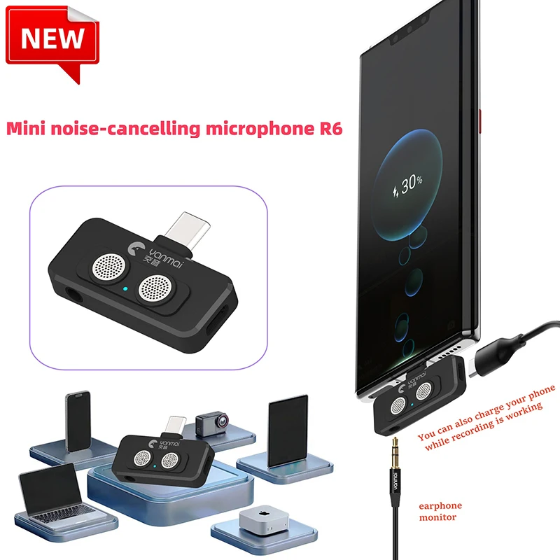 R6 Mini Portable Microphone Plug and Play Dual-Microphone AI Noise Reduction Mobile Phone Mic for Vlog Live Streaming Podcast