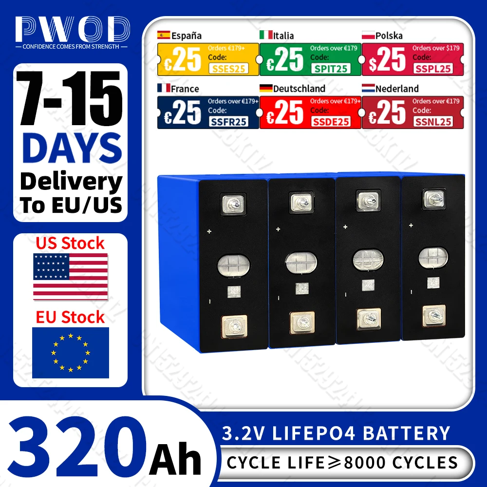 Lifepo4-Batterie 320 Ah 3,2 V brandneue 8000 Zyklen wiederaufladbare Batterien DIY 12 V 24 V 48 V RV EV Boot Golfwagen Yacht Van Zellenpaket