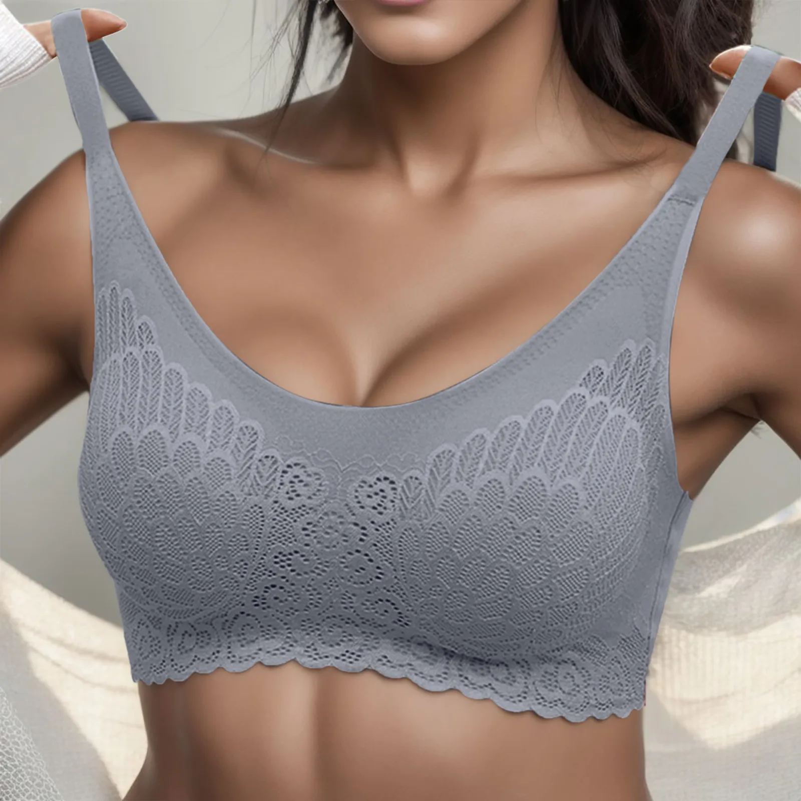 Women Bra Thin Comfortable Breathable Bra Sexy Lace Solid Tank Top Underwear Gathering Upper Support Anti Sagging Large Size Bra