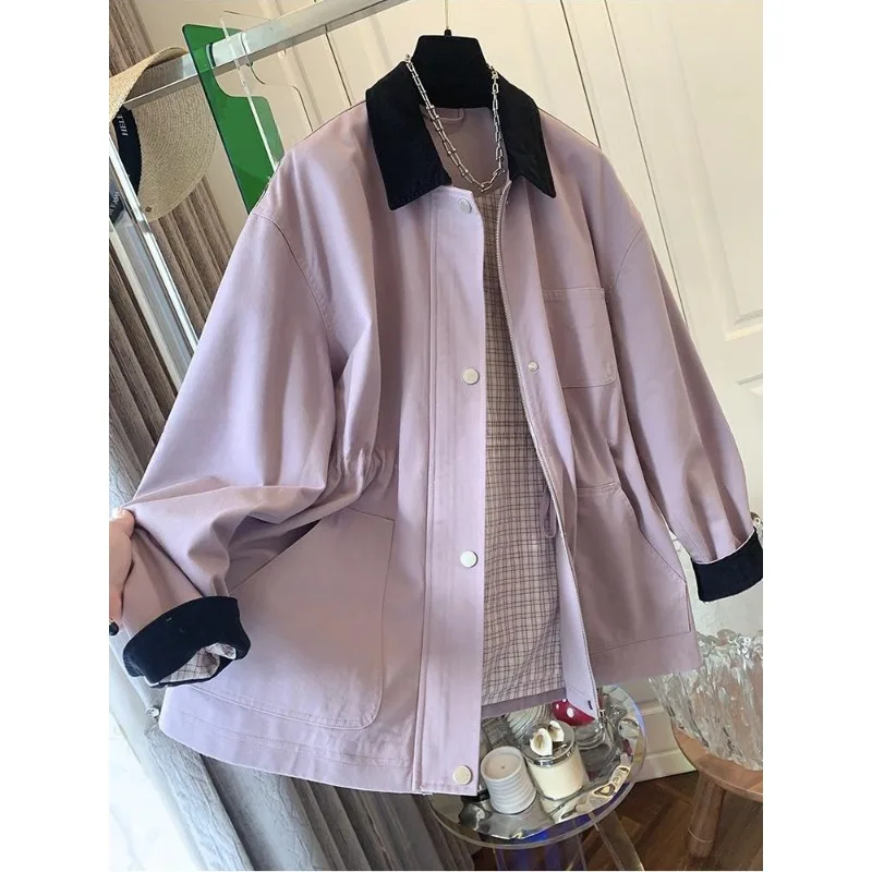 

SuperAen Retro Color Contrast Pink Polo Collar Loose Mid-length Coat for Women Spring and Autumn 2025 New Korean Style Trench