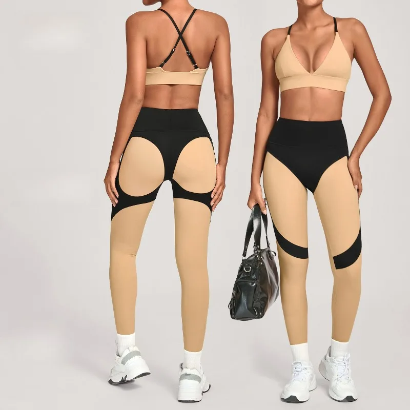 

Комплект из 2 предметов: Женский облегающий спортивный костюм для йоги с открытой спиной, с высокой талией, эффектом персиковых ягодиц, в стиле колор-блок, для бега, повседневных тренировок, спортзала, йоги и фитнеса