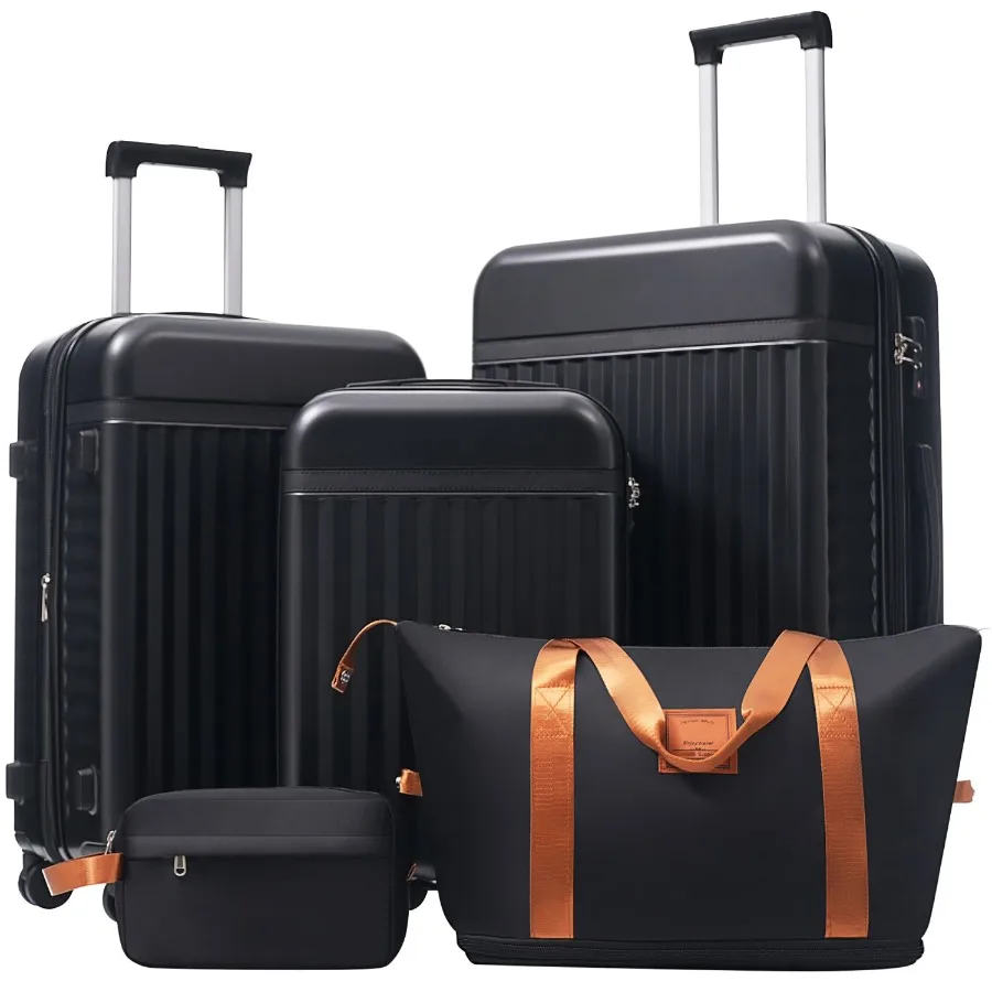 

Luggage Set 5 Piece for Travel, Polycarbonate Hardside Carry-on Suitcase in Black, Expandable with Spinner Wheels, TSA Lock, Li