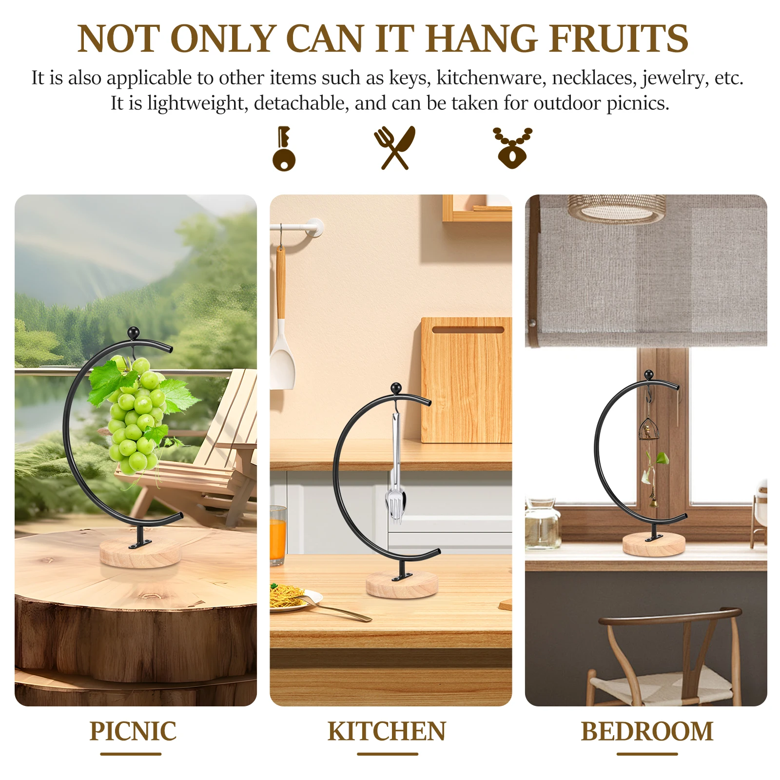 Banana Holder Stand Moon Shape Banana Hanger Rack Metal Fruit Hanger with Wood Base Stable Stand Decorative Grape Stands Holder