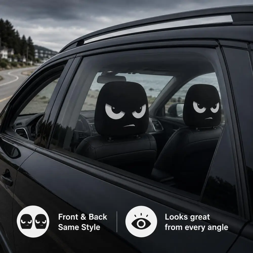 2PCS Angry Face Car Headrest Covers Double-Sided Print Mad Expression Black Auto Headrest Protector Street Style Universal Fit