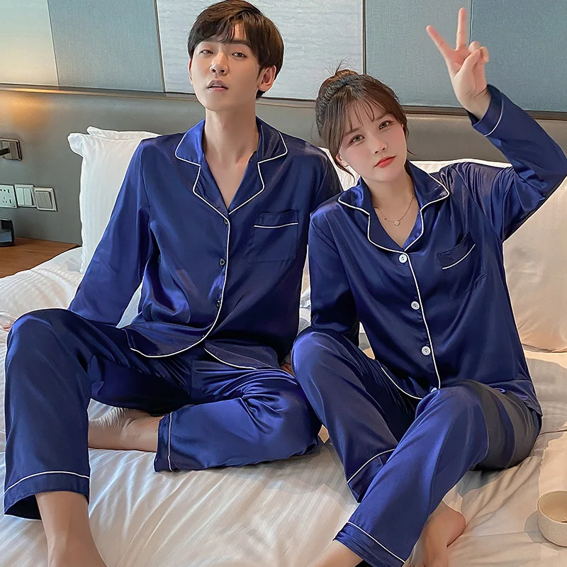 Pajama Couple Ice Silk Pajamas Imitation Silk Long Sleeve Women's Home Wear Casual Loose Large Men's Home Wear Sleepwear