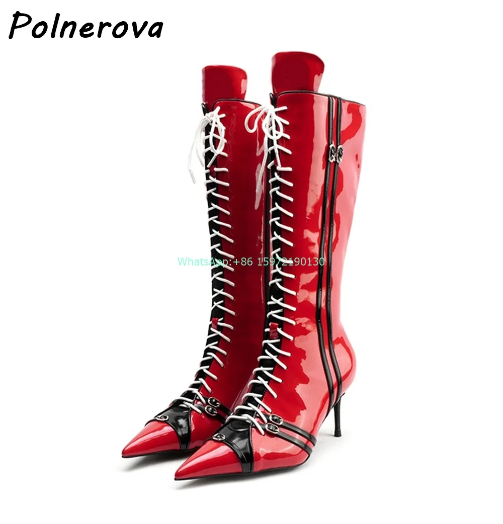 

Black Red Motorcycle Boots Buckle Belt Mixed Color Thin Heels Cross Tied Zipper Knee High Boots Women's Fashion Cool Shoes 2024