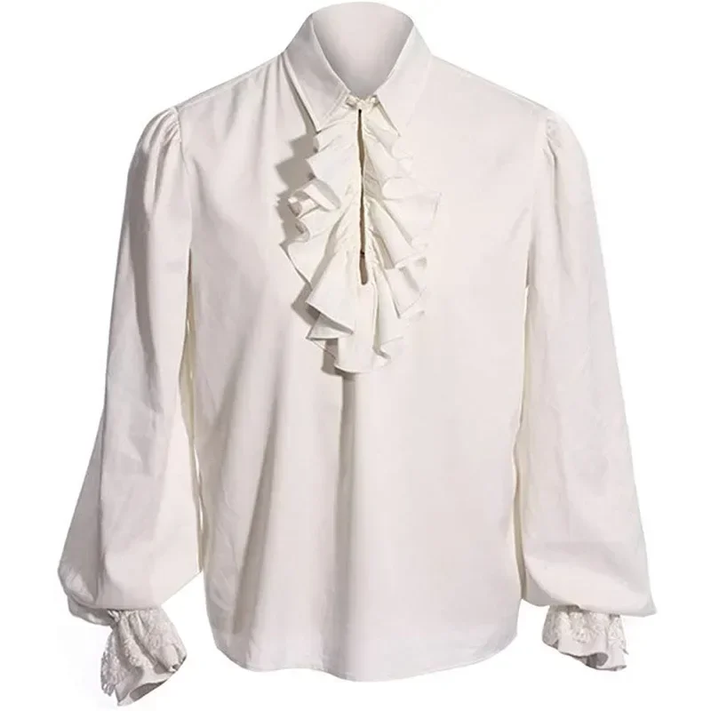 Men Solid Color Medival Victorian Steampunk Ruffled Shirt Tops Costume Clothing Tops Long Sleeve