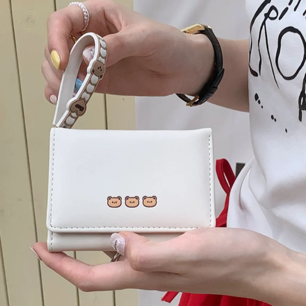 Cute Pink Color Short Wallet With Hand Strap Solid Color Card Bag Cartoon Bear Cash Bag Women