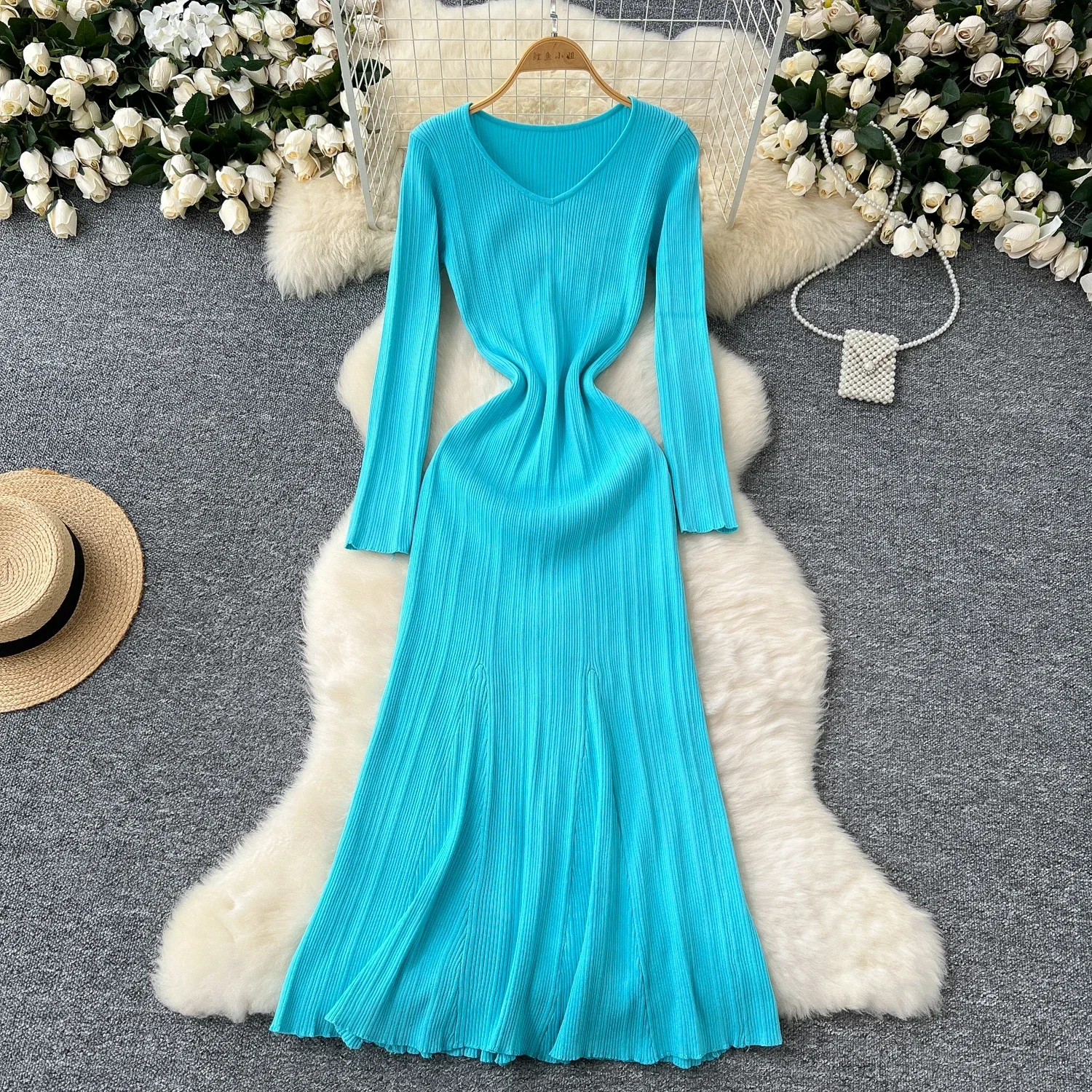 

Elegant V Neck Solid Basic Long Sleeve Knit A-line Dress Slim Fashion Sweater Sexy Women Autumn Winter Clothing Maxi Long Dress