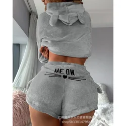 Two-Piece Set Outfits Solid Color Hoodies Autumn Cat Embroidered Pajamas Hooded Casual Suit Pullovers Casual Shorts