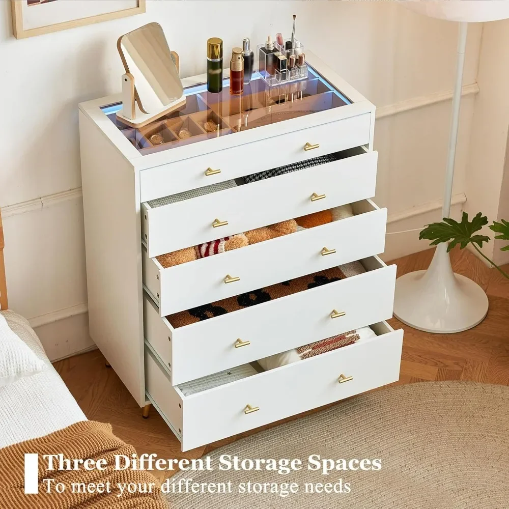 Nordic Minimalist 5 Drawer Dresser for Bedroom Tall, Glass with LED Lights, Wardrobe Closet Island as Jewelry Organize