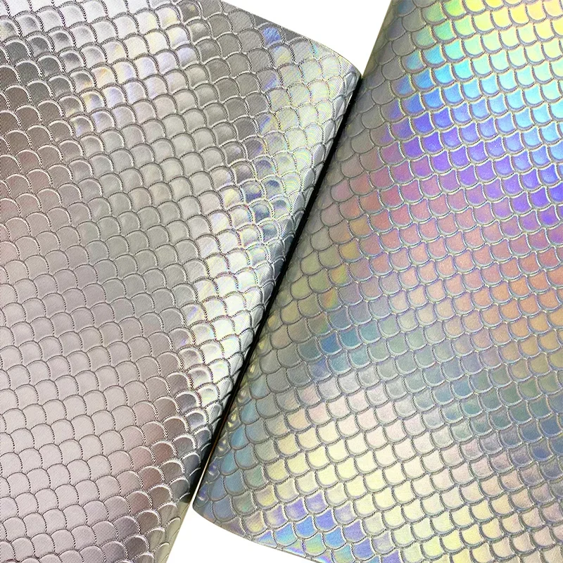 

Holographic Mermaid Fish Scales Embossed Rainbow Laser Faux Leather Fabric Leatherette for Bag Cosmetic Bag Box DIY 1.37*3m