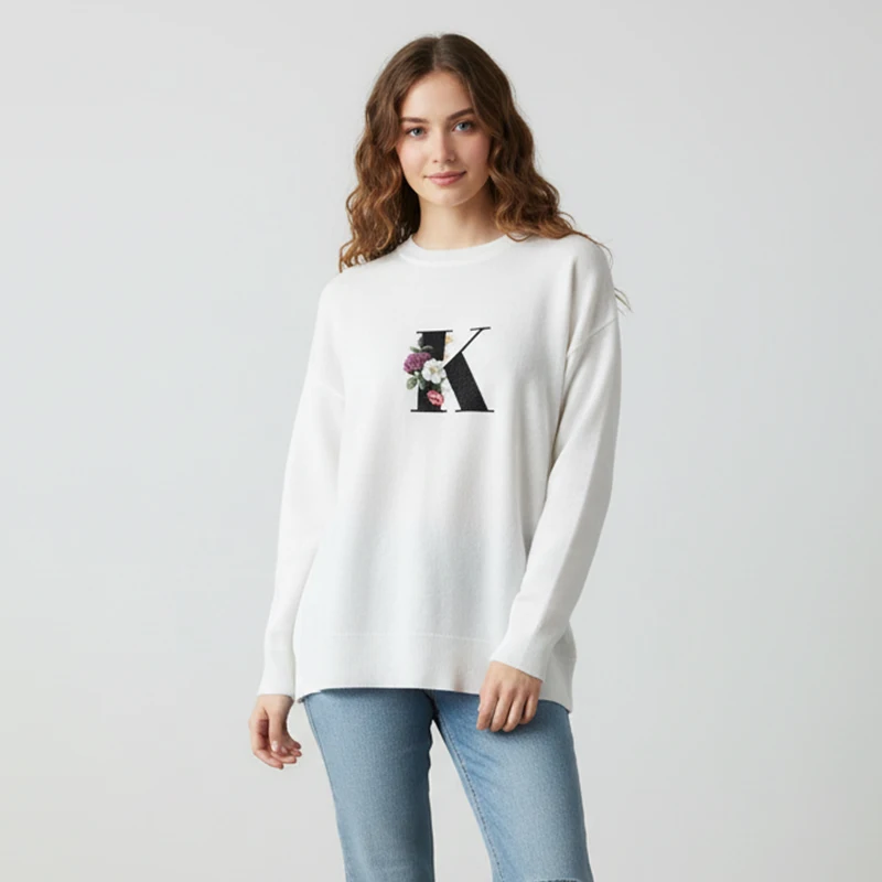 

2025 Autumn And Winter Sweater 26 Letters Printed Knitted Pullover Loose Long Sleeve Bottoming Shirt White Women's Clothing