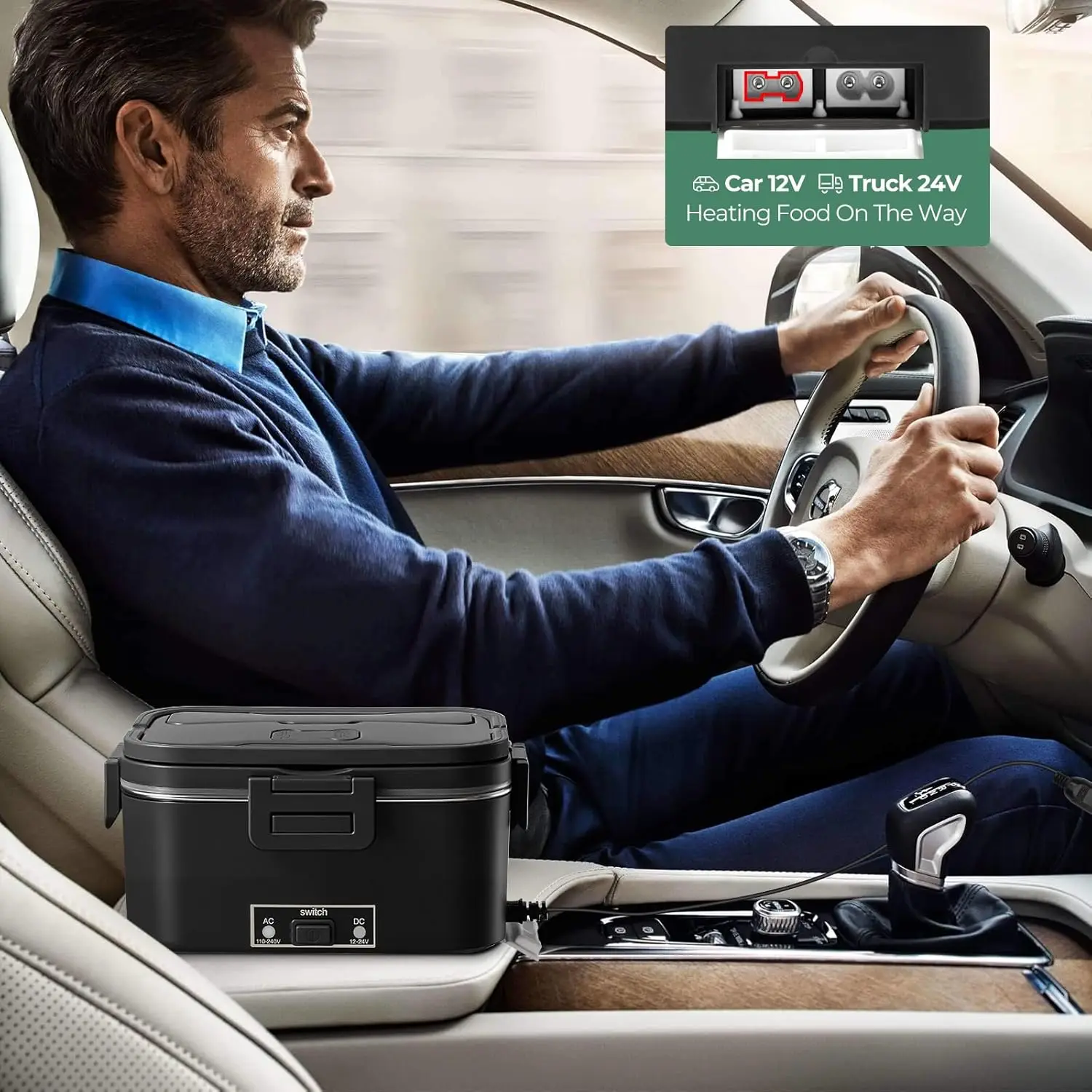 صندوق غداء كهربائي سعة 1.8 لتر، مفتاح تشغيل/إيقاف، 12/24 فولت/110 فولت، سخان طعام محمول للسيارة والسفر، أسود #3