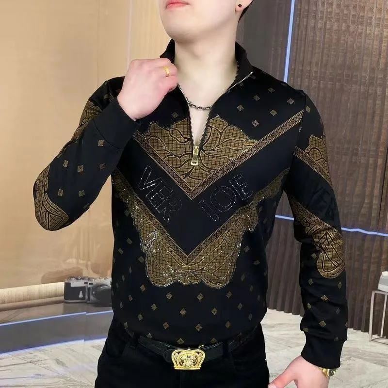 

Осень-зима стиль с бархатным воротником-стойкой, новая мужская тонкая футболка с длинными рукавами и принтом черного и золотого цвета