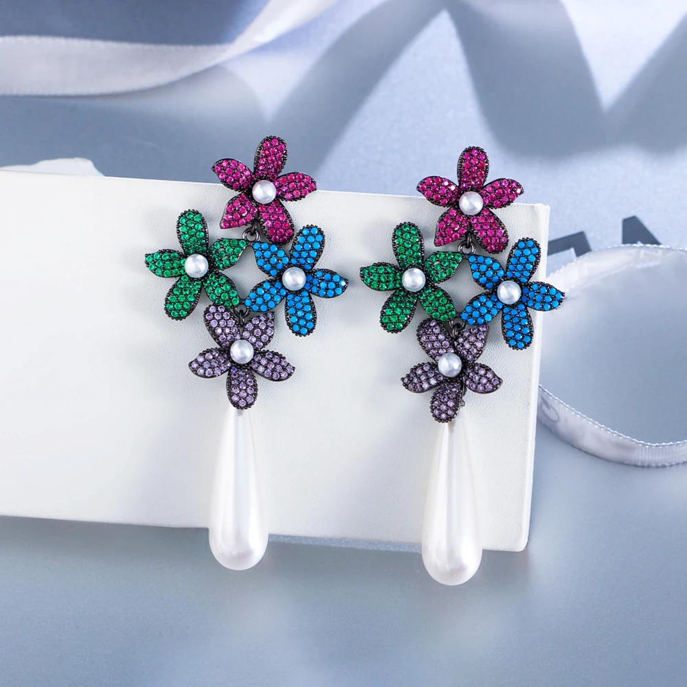 ThreeGraces Luxury Colorful Zircon Simulated Pearl Long Flower Bridal Wedding Earrings for Women Elegant Party Jewelry E1920 image 3