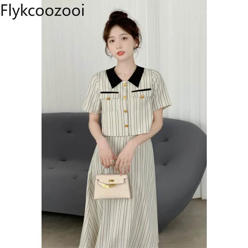 

Celebrity Striped Polo Neck Patchwork Short Sleeve Shirt Women High-waisted A-line Mid Skirt Summer Elegant Exquisite Outfits