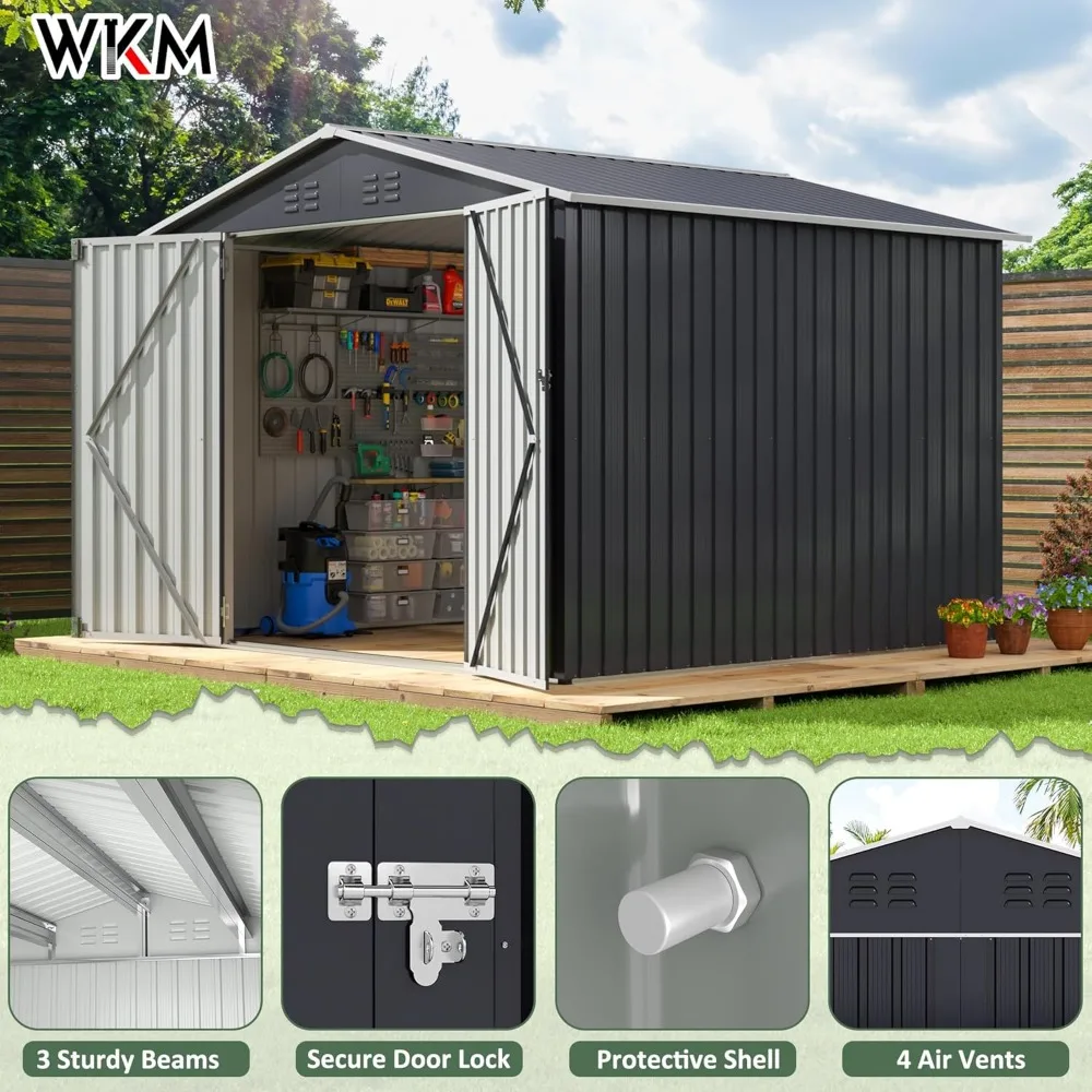 Outdoor Storage Shed. 8x8 FT Outdoor Storage Shed, Utility Metal Tool Storage with Lockable Doors and Updated Frame Structure