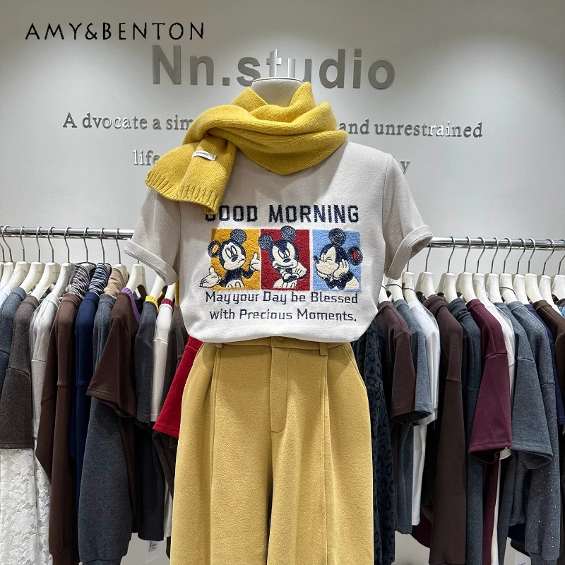 

Beautiful Cartoon Stylish Brushed T-shirt Women's Autumn Heavy Embroidery Cartoon Regular Shoulder O-Neck Thickened Inner Tshirt