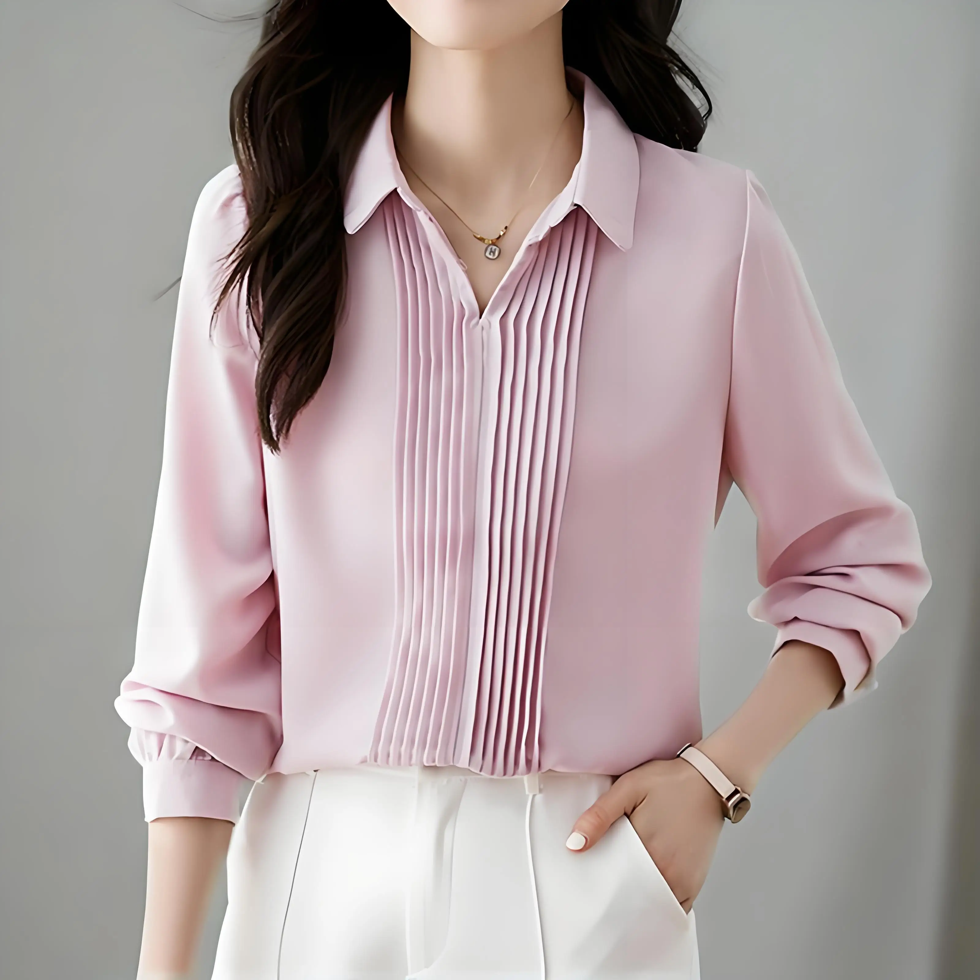 

2025 Fashion Folds Solid Chiffon Shirts For Women Long Sleeve Pullover Women Blouses Sweet Pink Office Lady Long Sleeve Tops