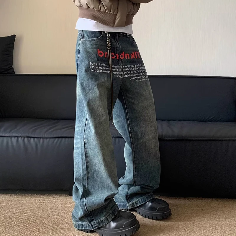 Korean Version Retro Letter Printed Jeans For Men Loose Straight Leg Wide Leg Pants High Street Hip-Hop Design Casual Pants view 2